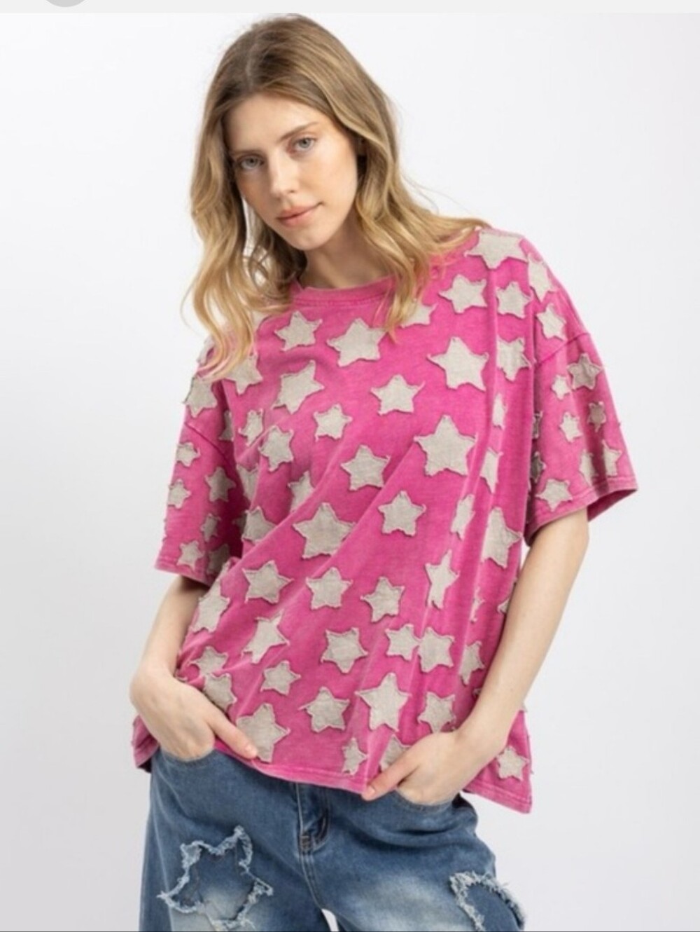 Pink Star Appliqué Short Sleeve Tee
